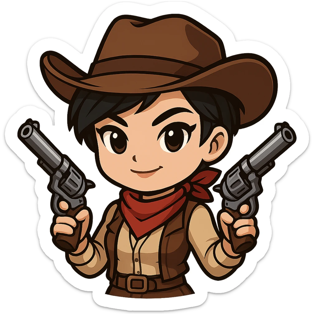 Transform the chibi ninja girl into a chibi cowgirl: add a cowboy hat, western-style outfit with a vest and bandana, replace the swords with two revolvers. Keep her short hair, confident pose, and chibi/anime style. Transparent background, sized for Twitch or Discord use. sticker