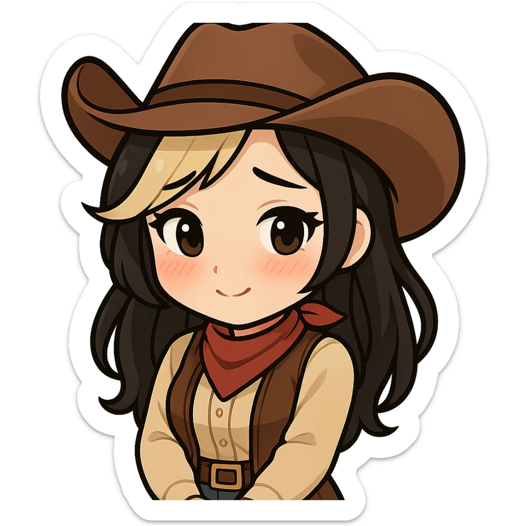 Chibi cowgirl with slightly longer hair and a blonde streak, wearing a cowboy hat and western outfit, no guns, chibi/anime style, transparent background, sized for Twitch or Discord use. Pose: hands clasped in front, shy and blushing expression. sticker