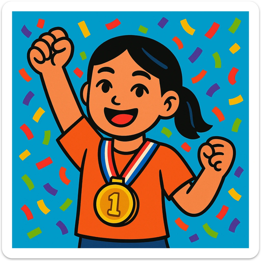 asian girl with a medal around her neck, confetti background, colorful illustration sticker