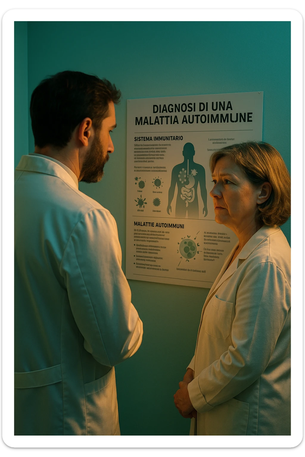 Realistic, detailed photo taken from behind of one doctor e un paziente —a bearded man and a middle-aged woman—standing and facing each other as they discuss an autoimmune disease diagnosis in front of a medical chart that displays information about the immune system and autoimmune conditions. The scene is illuminated by a yellowish, orange, warm light that softly envelops the doctors. The entire room is bathed in a single green-blue color, creating a cohesive and modern atmosphere. Both doctors wear white coats, and their body language suggests a serious, professional conversation about the complexities of autoimmune diseases. Shot with a Canon EOS R5, with high detail and natural depth of field. in italiano sticker