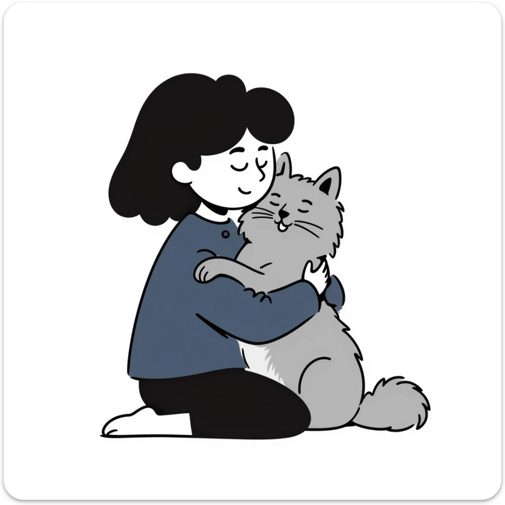 Brunette girl with dark blue sweatshirt snuggling a fluffy grey Siberian cat sticker