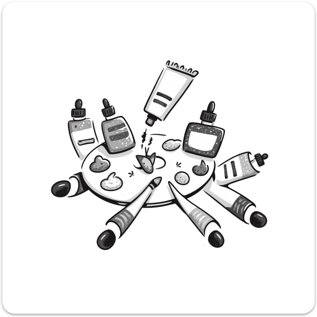 A set of artist's paints with tubes and a watercolor palette in pastel colors (dd9fb0, ffc6d3, a3bfc9, c4bee2, f1b091), hand-drawn doodle style sticker