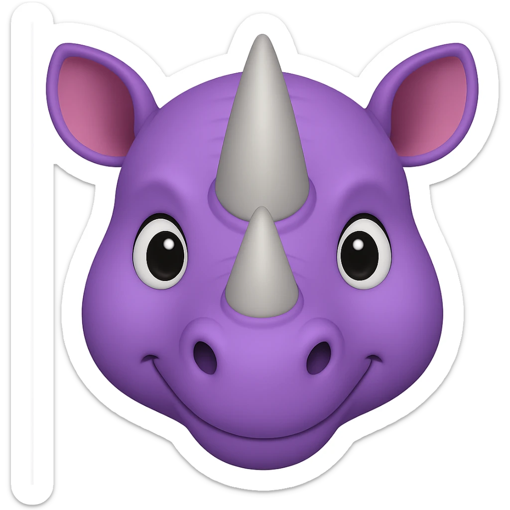 Add two big, normal grey rhino horns to the face, keeping the purple rhino emoji style, no background. The style should resemble the purple rhino emoji style with no background. sticker