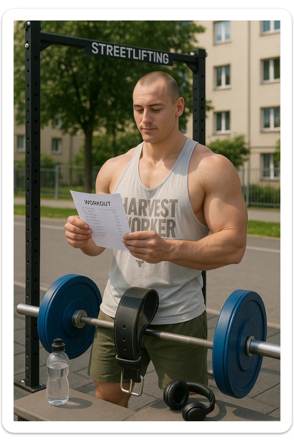 un uomo prepara con cura il suo set di pesi e la cintura per streetlifting, controllando una lista di esercizi e ripetizioni scritta su un foglio. Accanto a lui, una borraccia e delle cuffie. L’espressione è serena e sicura, a sottolineare l’importanza della programmazione per un allenamento efficace. Lo sfondo è un’area fitness urbana, pulita e ben attrezzata. sticker