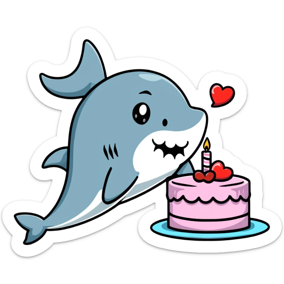 cartoon shark with lips puckered, directly kissing a frosted birthday cake sticker