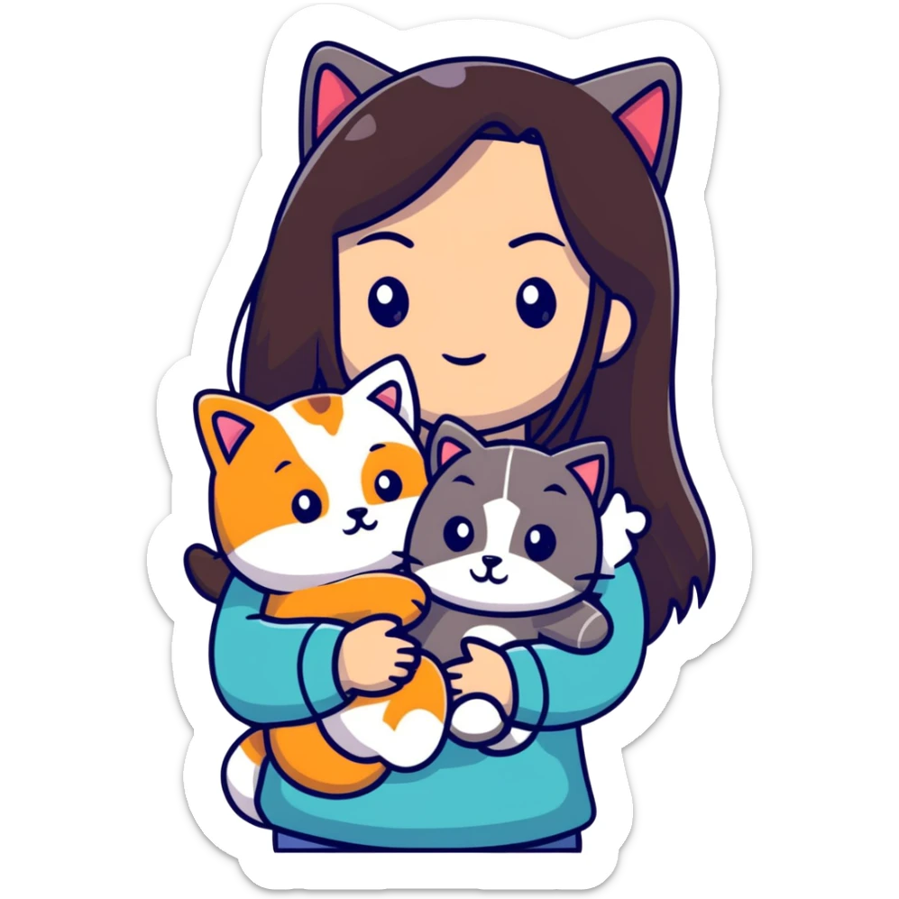 Woman with long dark hair holding pets: teddy bear, dog, and cat sticker