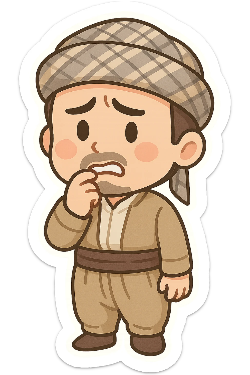 Kurdish man in traditional dress jamadani, worried mood, cartoon style, hand on chin or biting lip, anxious expression, no text sticker