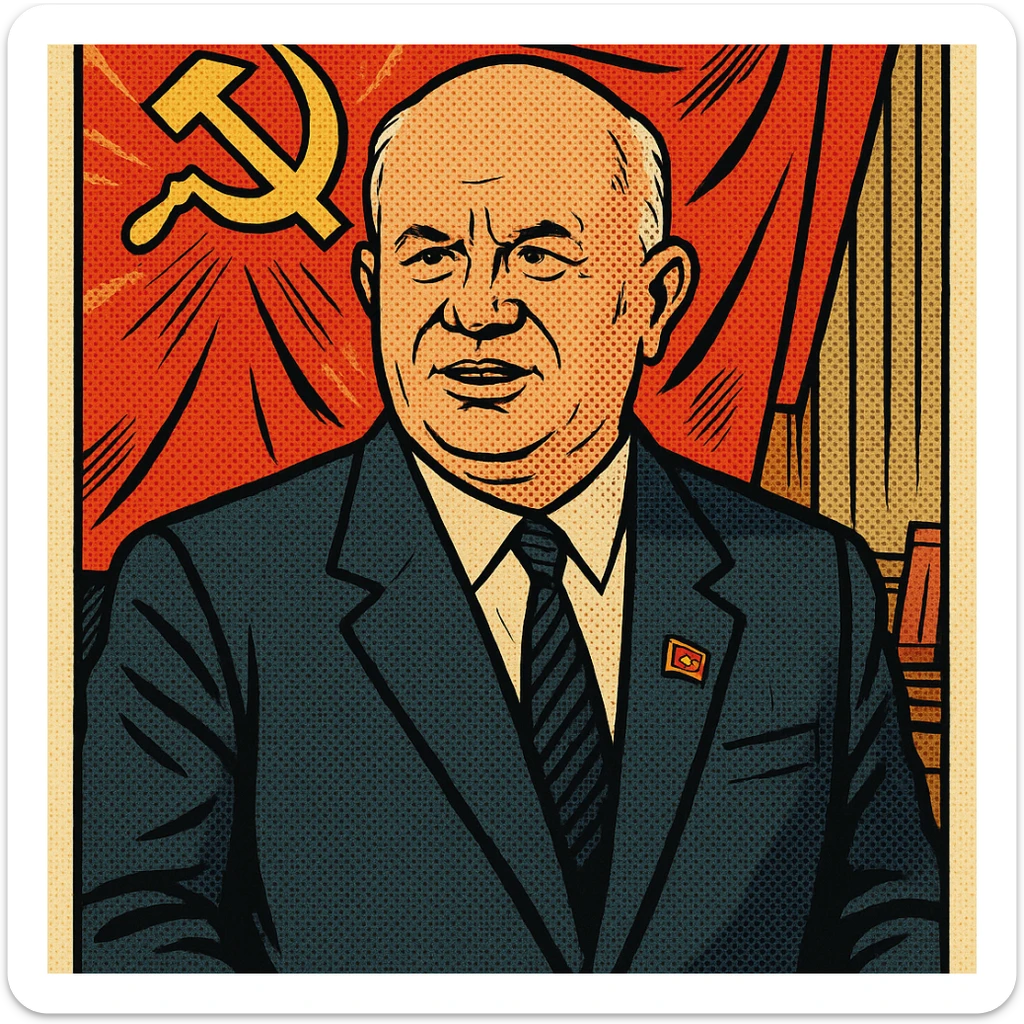 Soviet leader Khrushchev wearing a suit with a Communist Party badge standing in front of a communist flag in his office sticker