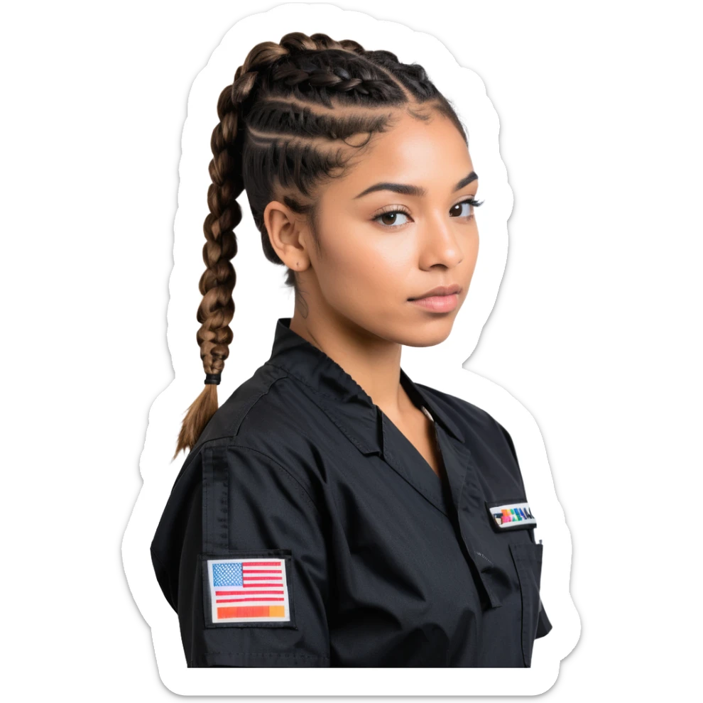 A 40-year-old Latina woman with light brown skin, working as a car mechanic, wearing all black mechanic scrubs, with two braids pulled back from her head sticker