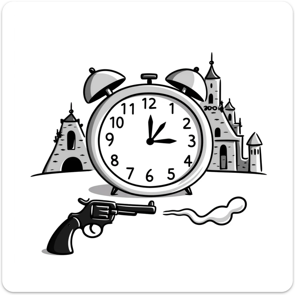A clock showing 38 minutes, with a smoking gun and a destroyed palace in the background sticker
