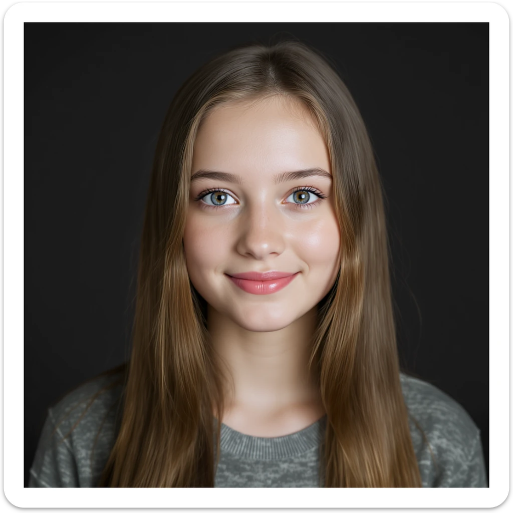 realistic portrait of a girl with long straight brunette hair and blue eyes, soft focus, gentle smile, neutral background sticker