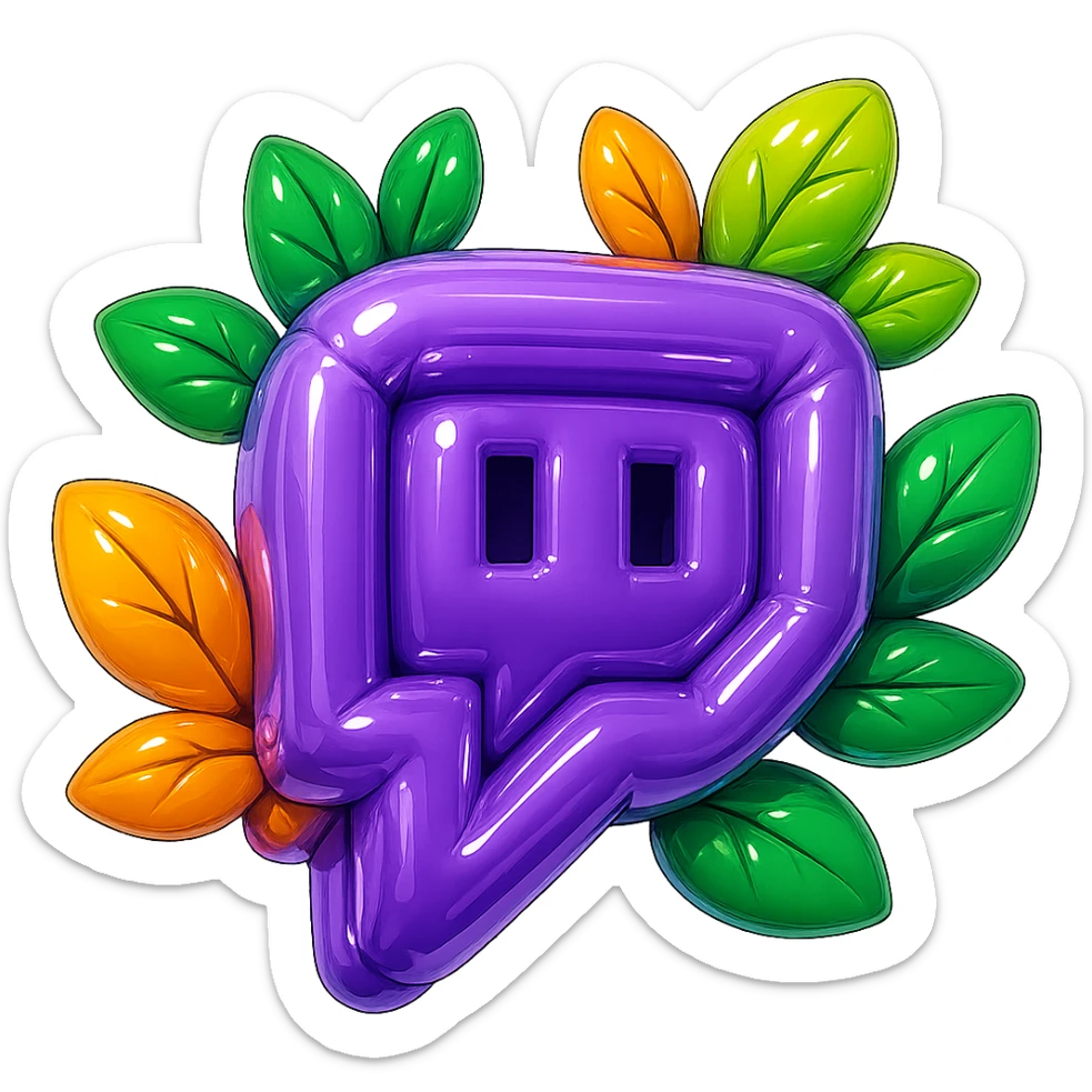 Chunky, smooth, and glossy Twitch logo, cartoon style, bold outline, strong shadows, bright highlights, decorated with colorful leaves, no background. Extra attention to contours and shine, in the style of the reference image, but even more rounded. sticker