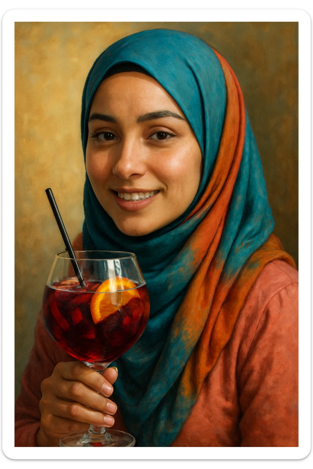 A woman wearing a hijab holding a glass of sangria sticker