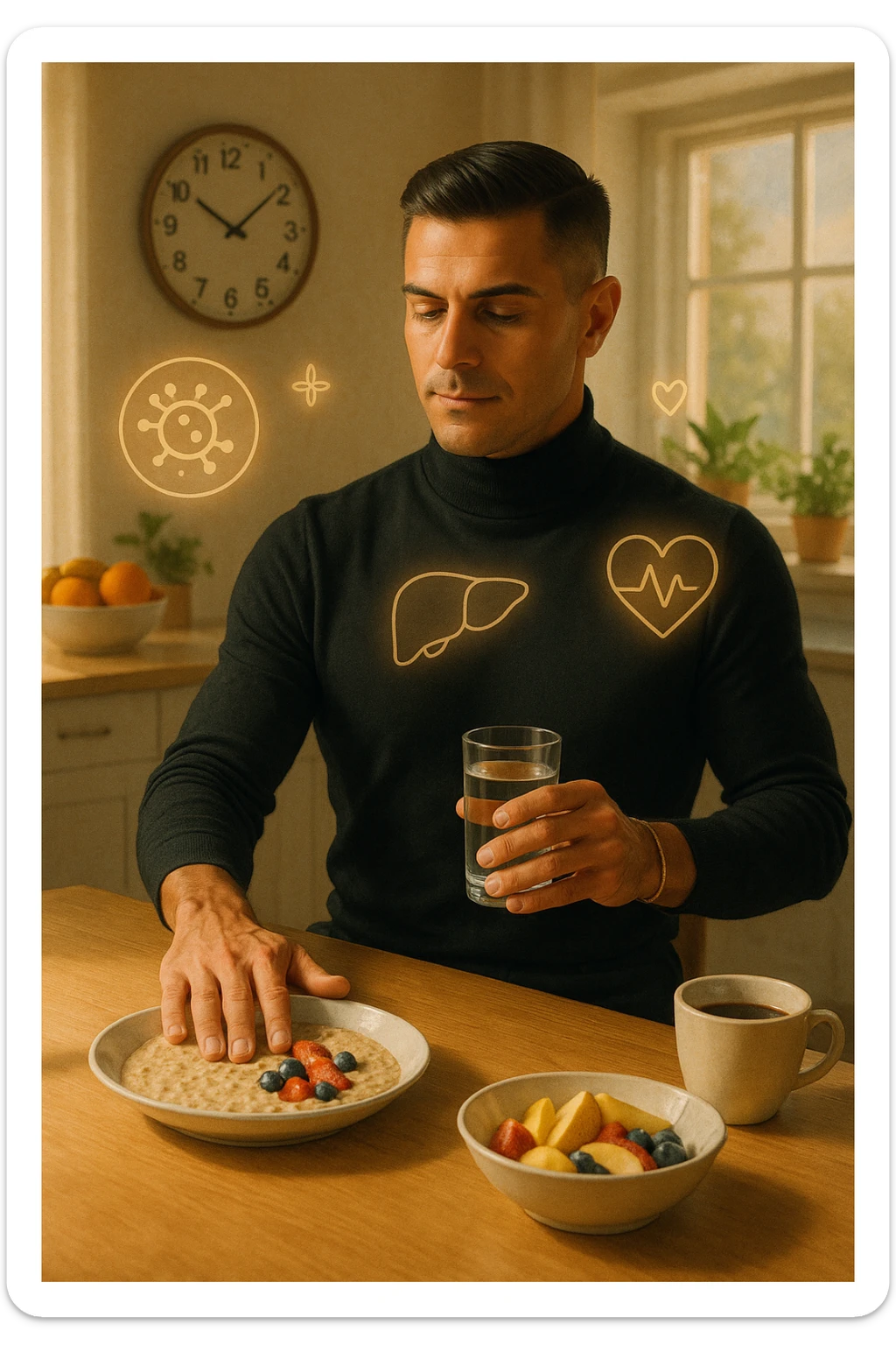 A realistic, cinematic illustration of a man in his early 30s with a fit, healthy appearance, standing in a bright kitchen in the morning. The kitchen table has a prepared but untouched healthy breakfast (oatmeal, fruit, coffee) on it, while the man, with a calm and focused expression, gently pushes the plate away with one hand while holding a glass of water in the other. A wall clock in the background shows 8:00 AM, indicating the morning fasting window, while sunlight streams in, illuminating the scene. Subtle glowing icons of a regenerating cell, a clean liver, and a heart float softly around him, symbolizing the health benefits of intermittent fasting. The atmosphere is clean, minimal, and motivating, showing that the man chooses intermittent fasting consciously for health, clarity, and energy rather than weight loss alone. The color palette is warm, with natural light and a slight film grain for depth sticker