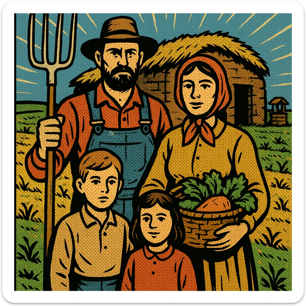 A homestead farming family from the 1860s standing in front of their sod house on the Great Plains. The father is holding a pitch fork and the mother is carrying a basket of crops. The land in the background has crops which are struggling to grow with a small well sticker