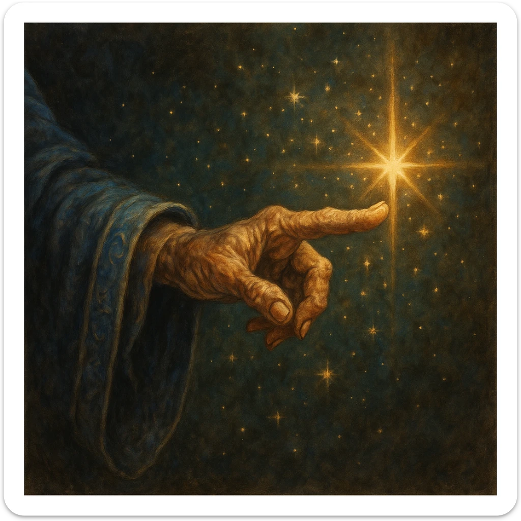 wizard-like hand pointing outward with sparkles and a star at the end of the finger, no text, fantasy style, not apple emoji style sticker