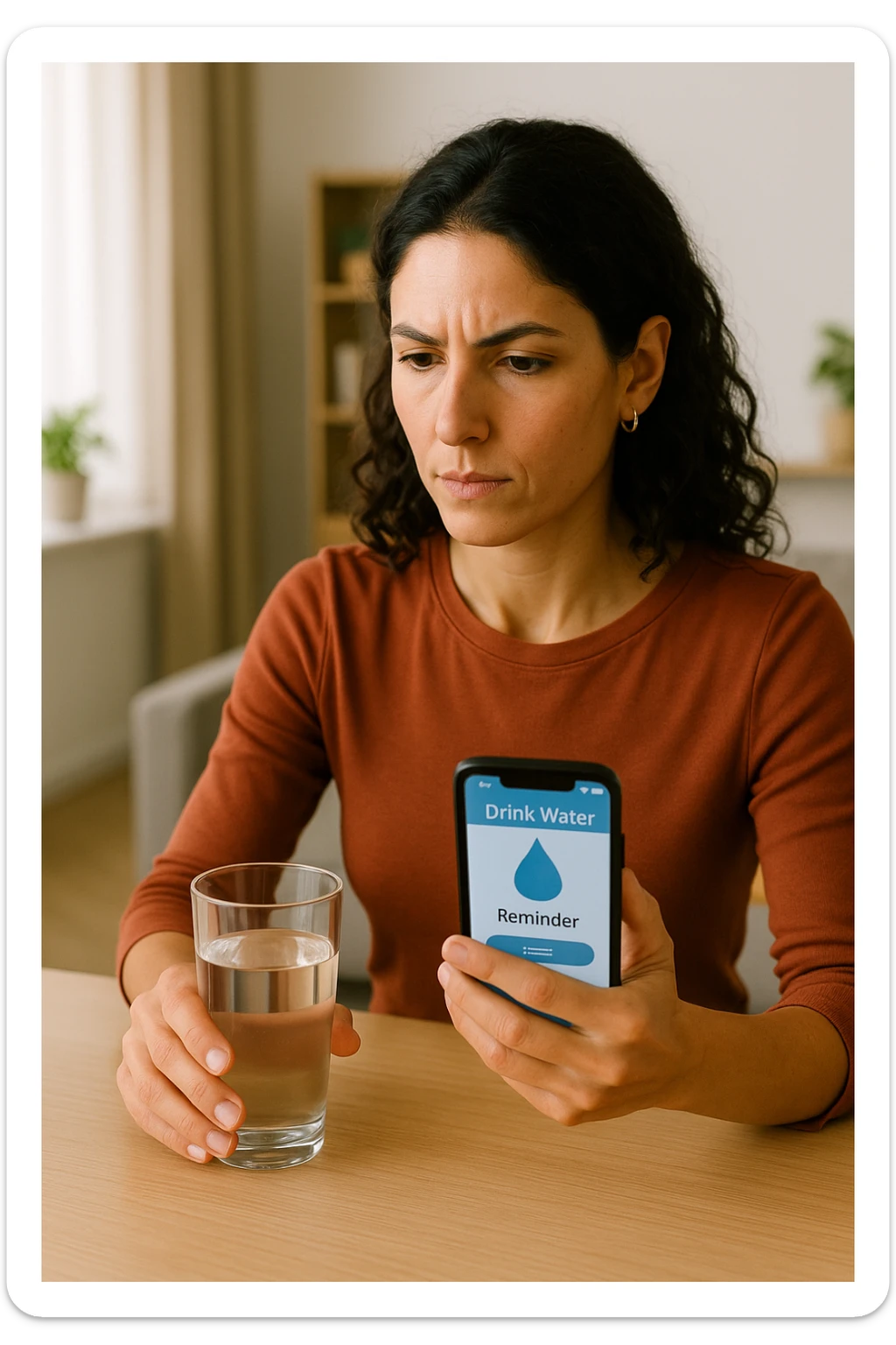 Donna che usa App per ricordarsi di bere, altrimenti non beve mai testo in italiano sticker