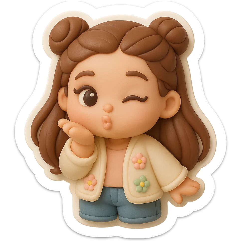 3D chibi fondant cake art style, high-quality rendering with smooth shadows and soft gradients. Girl based on reference image with long brown hair in two space buns, brown eyes, jeans, pastel floral cardigan, thick white outline like a sticker, transparent background. Blowing a kiss and winking. Ensure the face and hairstyle match the reference exactly. sticker