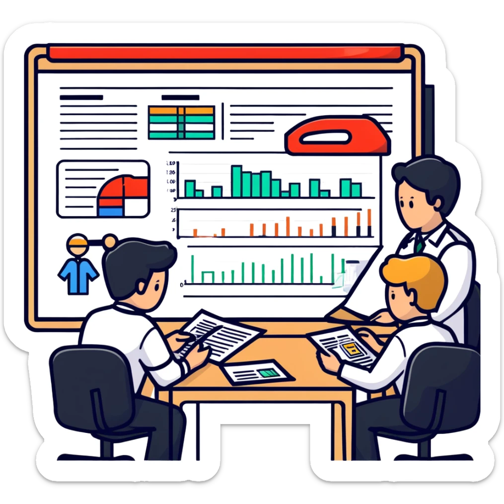 Emergency medical team in a committee meeting with charts and funding documents sticker