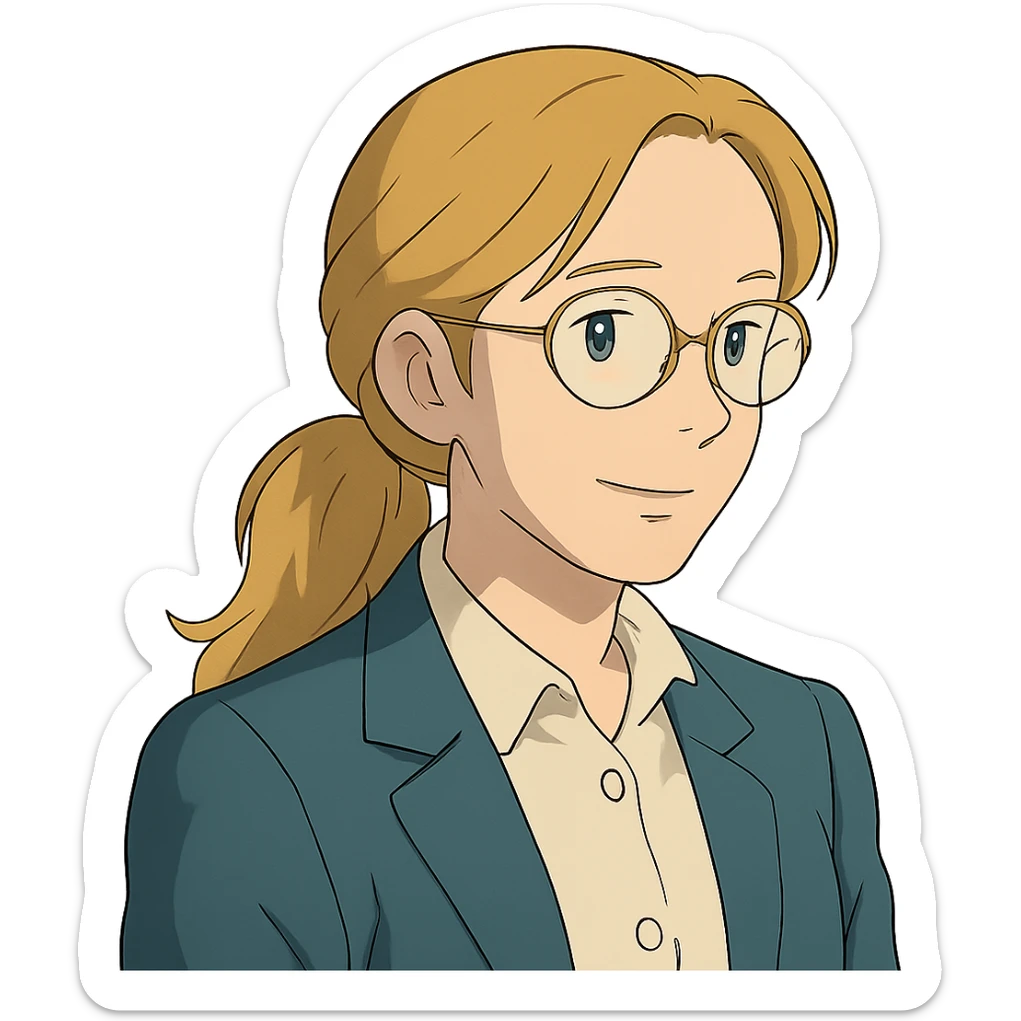profesora rubia de pelo largo recogido, piel clara, estilo ghibli, con gafas sticker