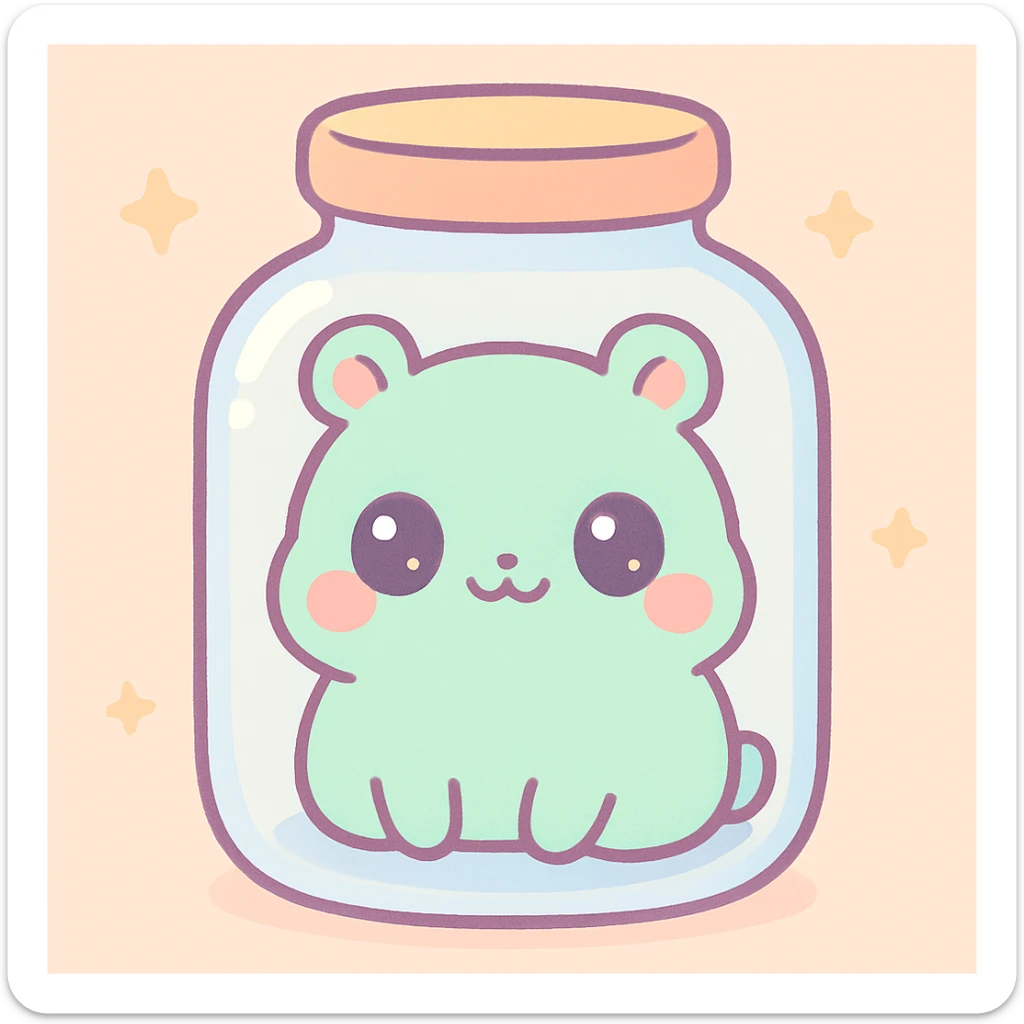 a cute animal inside a glass jar, cartoon style, kawaii, colorful, soft lines sticker