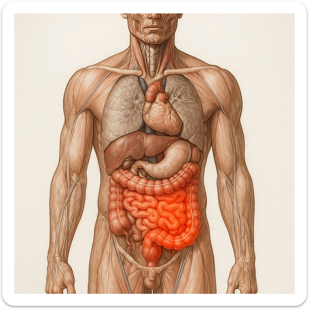 realistic anatomical illustration of human body with inflamed intestine, front view, detailed anatomy, inflammation highlighted in red, natural colors, vertical 9:16 format sticker