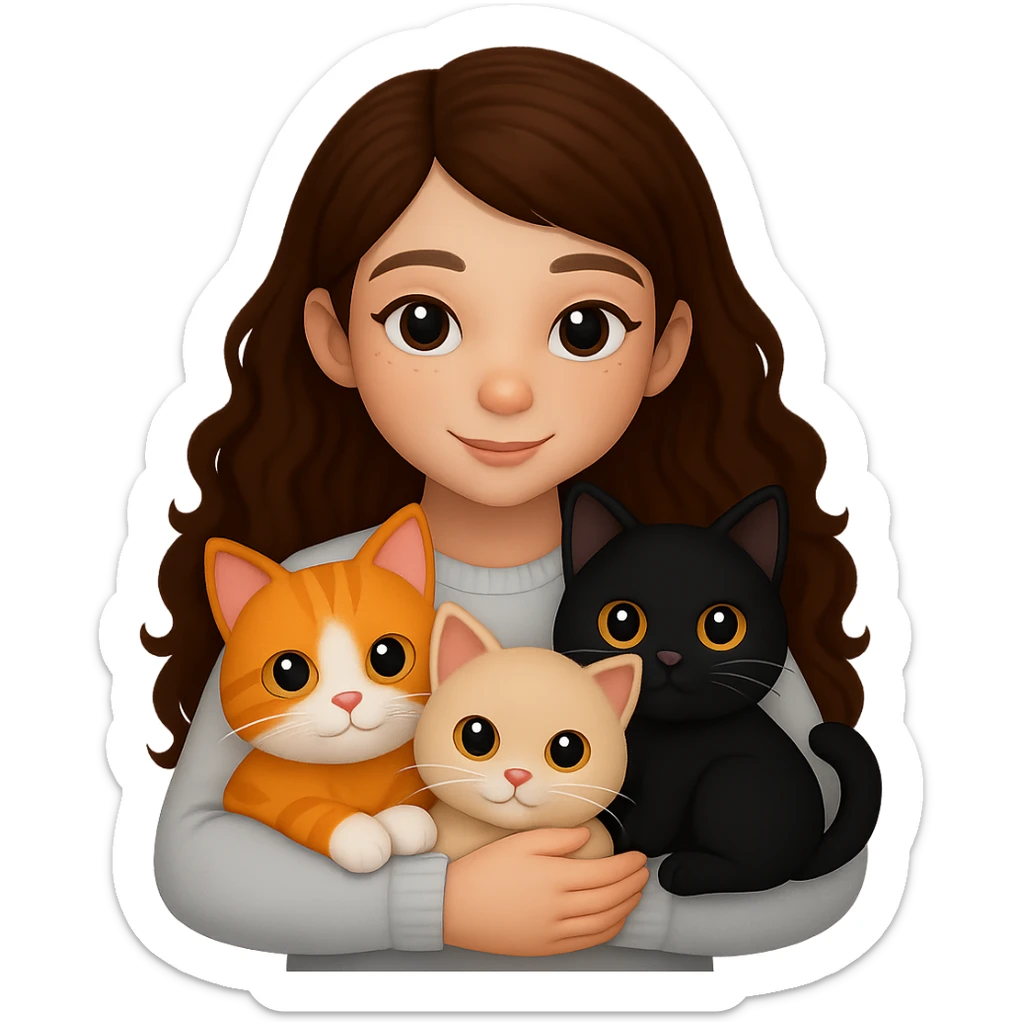 Change the girl's hair color to brown and have her hug three cats, each a different color, in the style of apple emojis. Remove the background. sticker