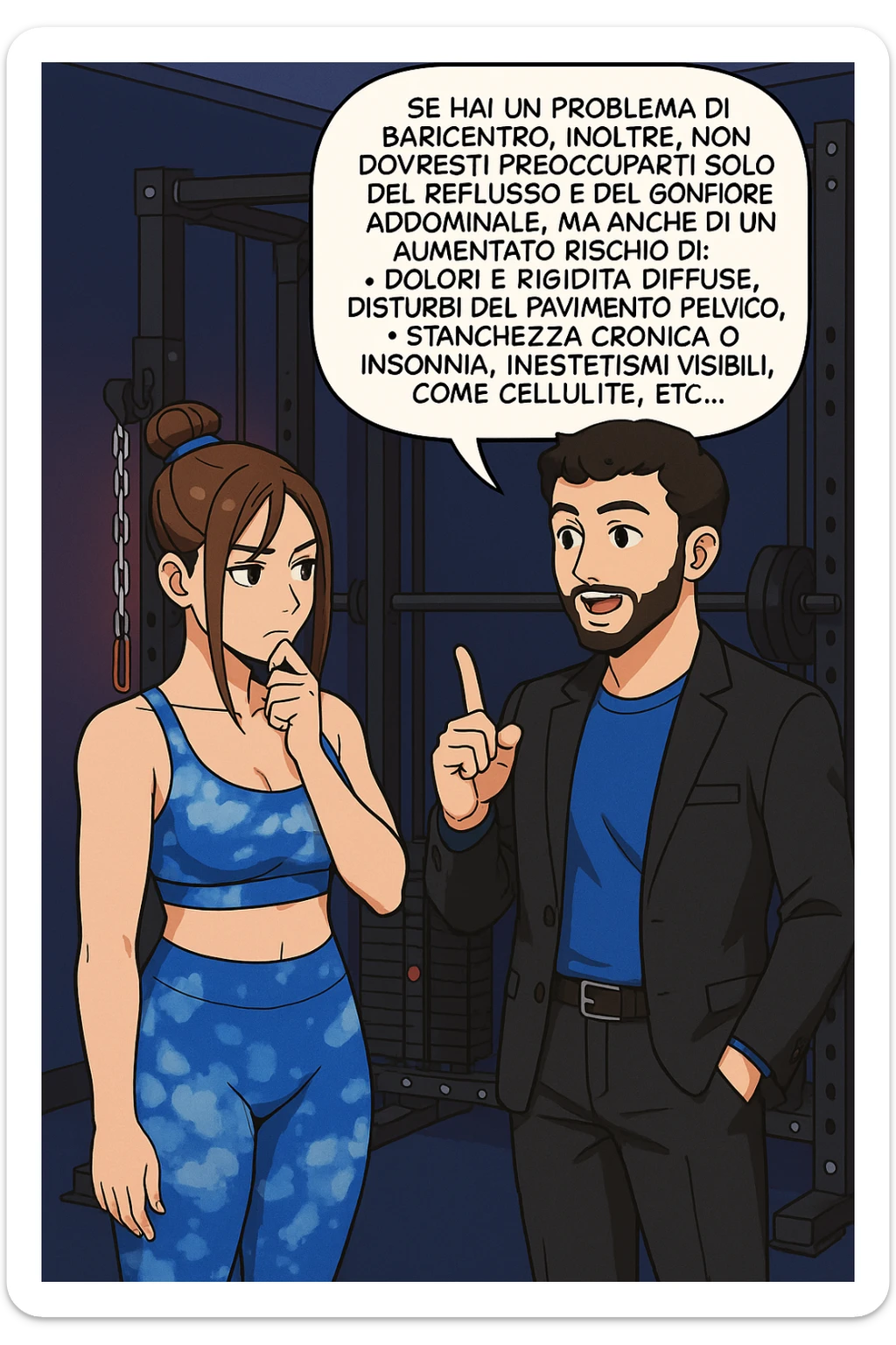 TRASFORMA QUESTO CAROSELLO IN UN FUMETTO STILE WEBTOON/MANGA A COLORI CON QUESTE DUE PERSONE IDENTICHE CHE INTERLOQUISCONO TRA LORO, L'uomo sta spiegando alla donna questo concetto MENTRE LA DONNA SI TIENE L'INDICE SUL MENTO ASCOLTANDOLO PENSIEROSA:

Se hai un problema di baricentro, inoltre, non dovresti preoccuparti solo del reflusso e del gonfiore addominale, ma anche di un aumentato rischio di:
    • dolori e rigidità diffuse
    • disturbi pavimento pelvico
    • stanchezza cronica o insonnia
    • inestetismi visibili, come celluluite
    • etc… sticker