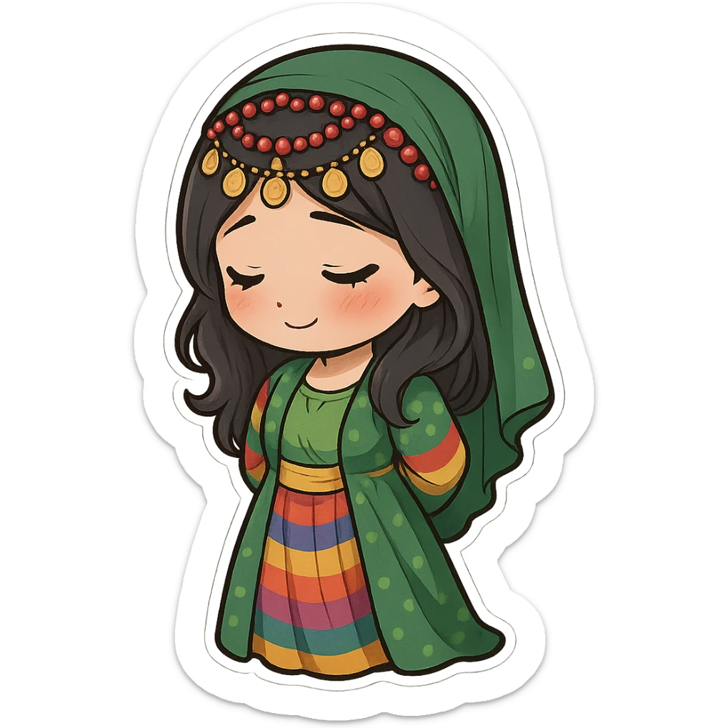 Cartoon sticker of a Kurdish woman wearing traditional colorful and cheerful Kurdish female clothing, face showing a shy expression, hands behind the waist, looking down, no shadow or color halo around the image, no text, suitable for WhatsApp and Instagram, with a completely transparent background. sticker
