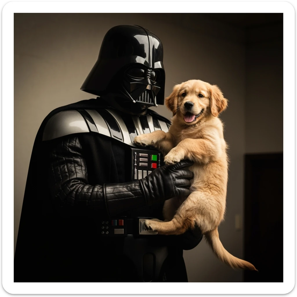 Photo of a darth vader holding puppy golden retriver, low key light sticker