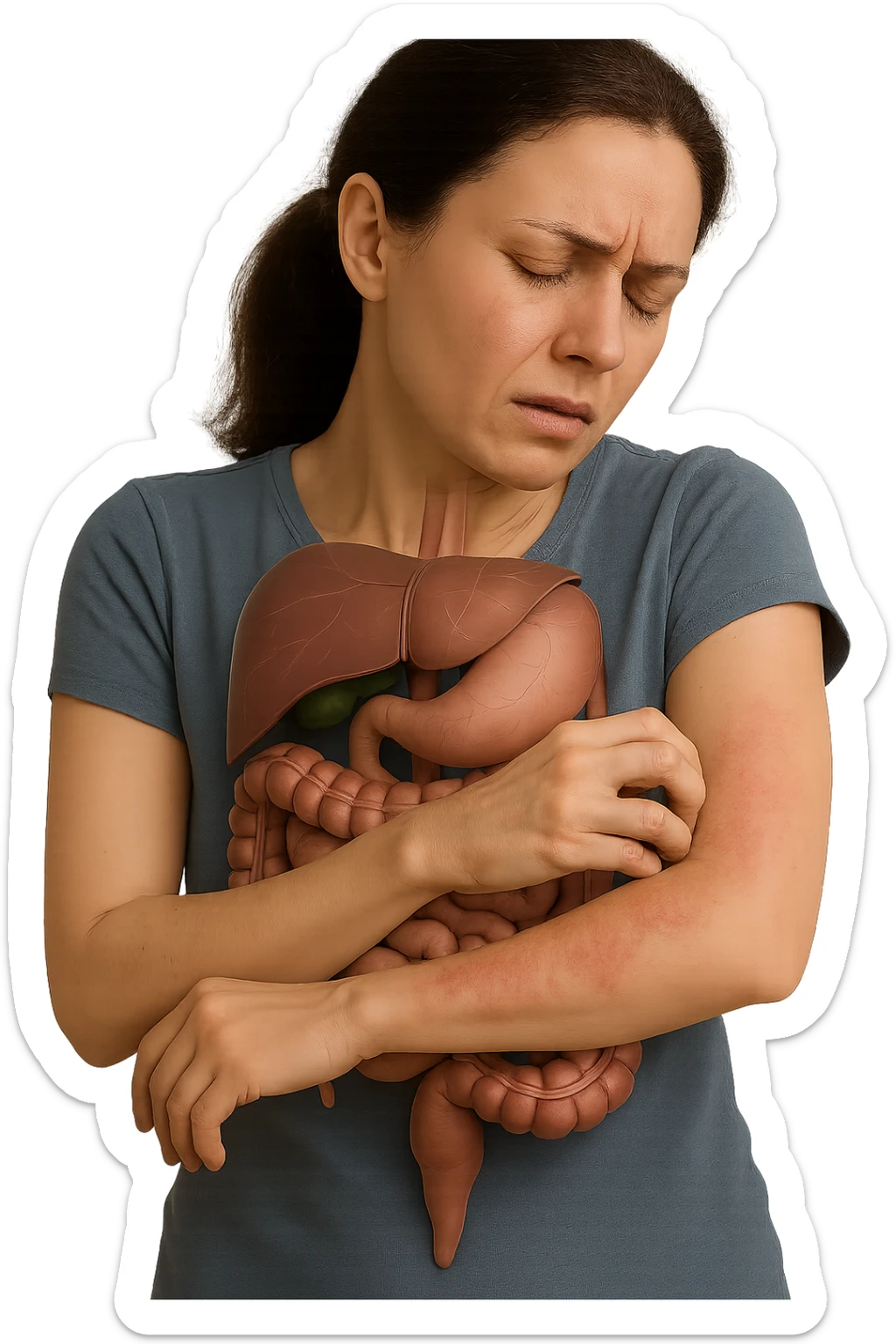 donna con intestino umano anatomico realistico che si gratta il braccio su cui ha un'eritema, iperrealistica 4k sticker