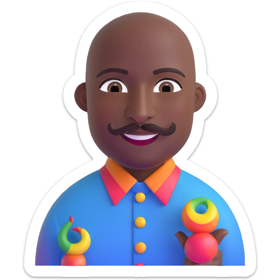 Oxumarê as a very happy and spontaneous smiling 37-year-old bald man with very dark skin, smooth oval head, indigenous facial features, mustache with circular beard only on chin (no hair on sides), a round mole on the right side below the lip, wearing a blue striped dress shirt, and a rainbow serpent, Memoji style sticker