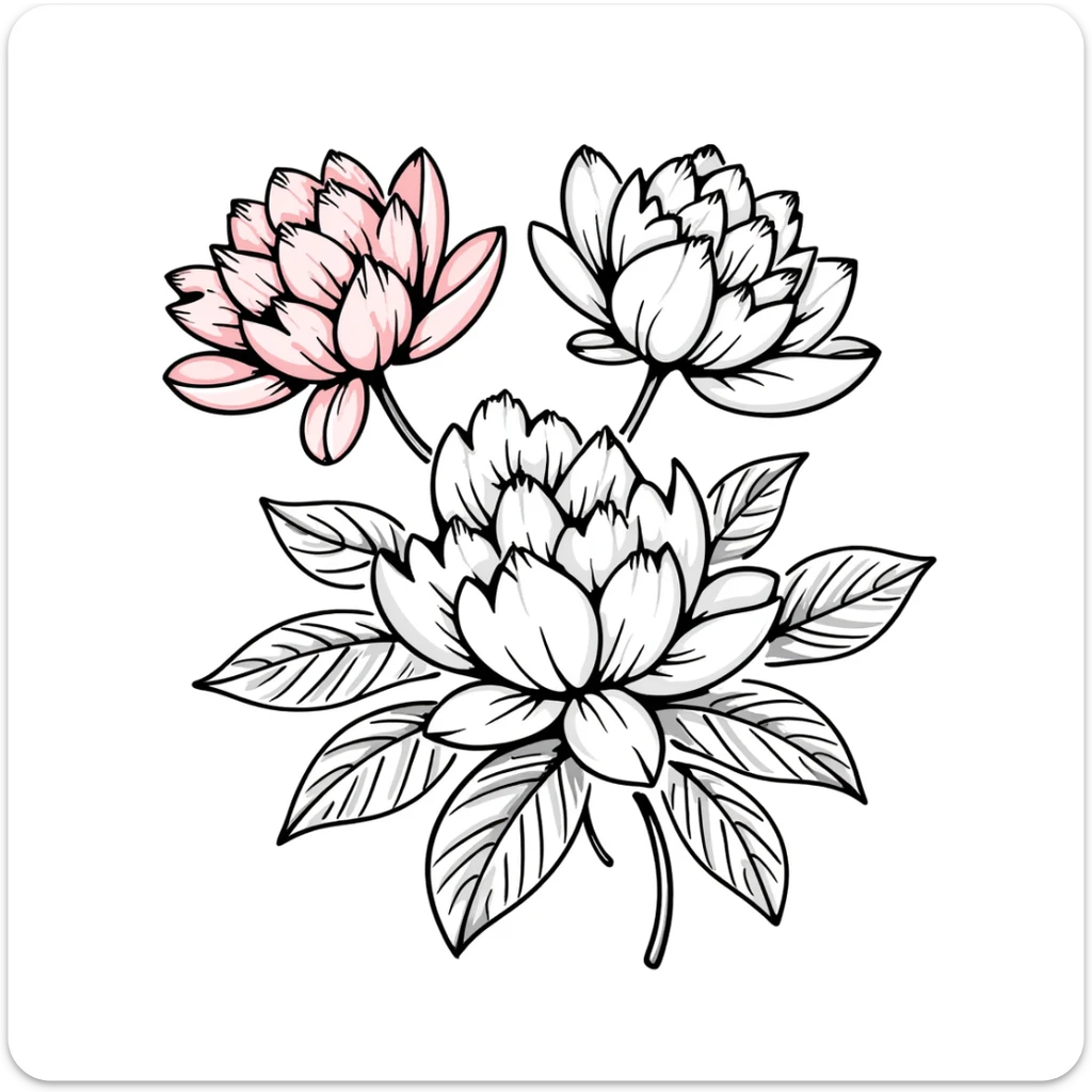 peony flowers with lush petals and leaves in pastel colors dd9fb0 ffc6d3 a3bfc9 c4bee2 f1b091, hand-drawn doodle style sticker