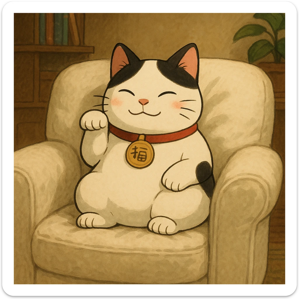 White and black Chinese lucky cat on a cozy white armchair  sticker