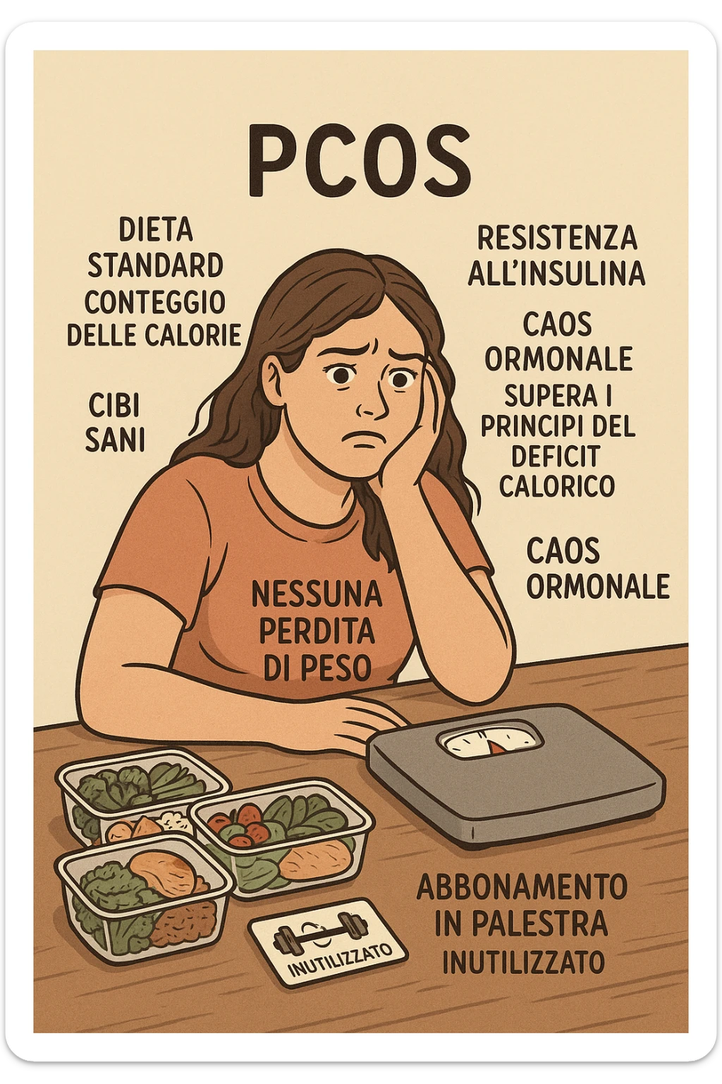 "Desperate woman with PCOS following standard calorie-counting diet, scale showing no weight loss despite strict adherence, expression of confusion and defeat, meal prep containers with healthy foods, insulin resistance making normal dieting ineffective, hormonal chaos overriding caloric deficit principles, gym membership unused due to lack of results scritte in italiano sticker
