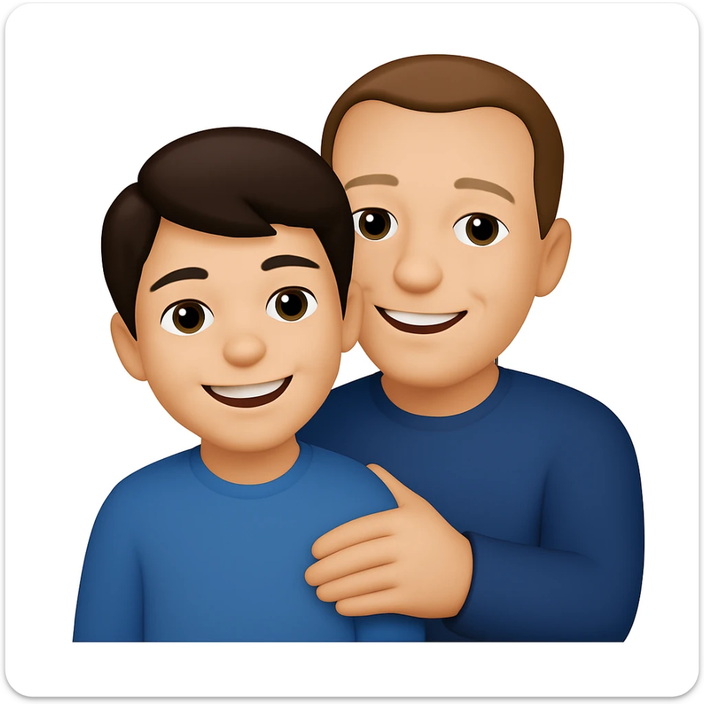 Make the son a 15 year old with dark brown hair, and the father a 39 year old good looking man with a crooked hairline, in the style of apple emojis. The style is colorful, simple, and iconic like apple emoji style. sticker