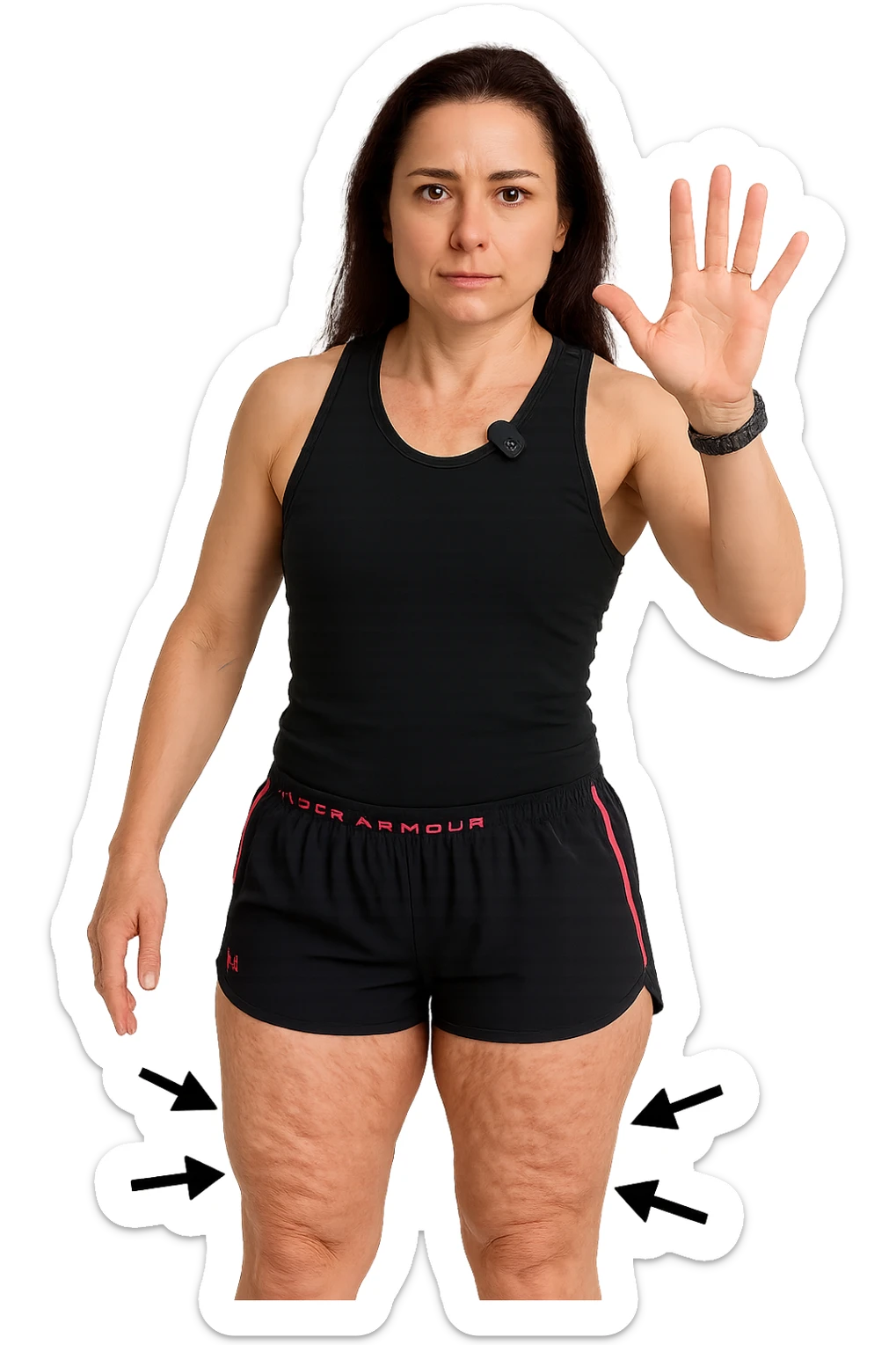 Donna con cellulite sulle cosce indica le cosce che sono infiammate di cellulite con frecce ad indicare  senza mano alzata come in foto. sticker