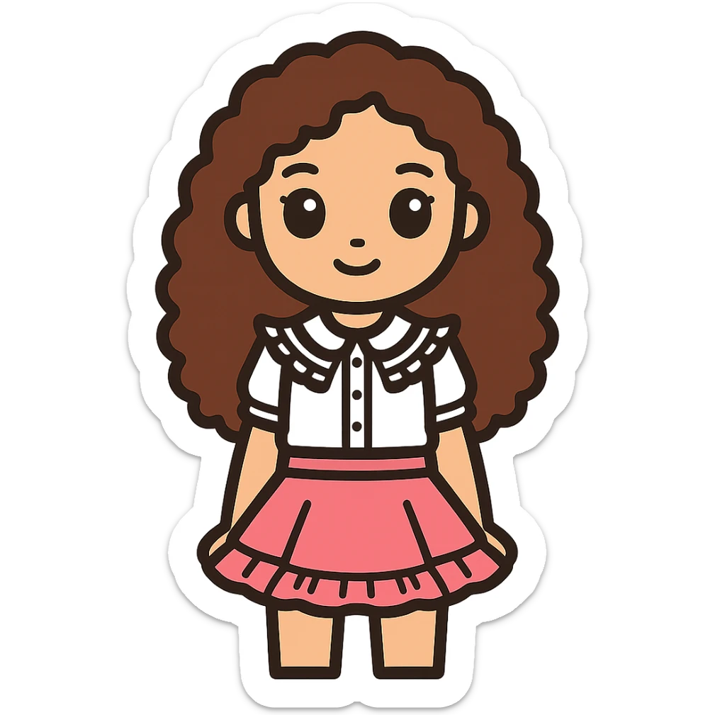 Make the girl with longer curly brown hair, keeping her light skin, brown eyes, white blouse with ruffles, and pink skirt with ruffles, no background. sticker