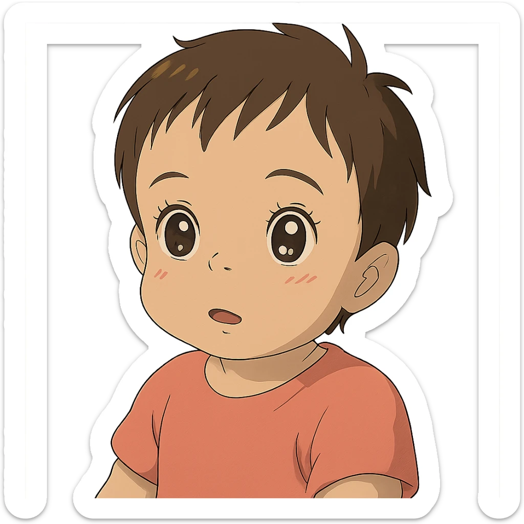one year old baby with short brown hair, large brown eyes with eyelashes, brown eyebrows, pink lips, transparent background sticker