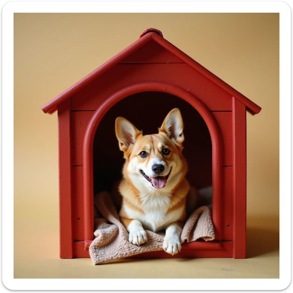 realistic red dog house with a Corgi dog inside, Corgi with a blanket, photorealistic style sticker
