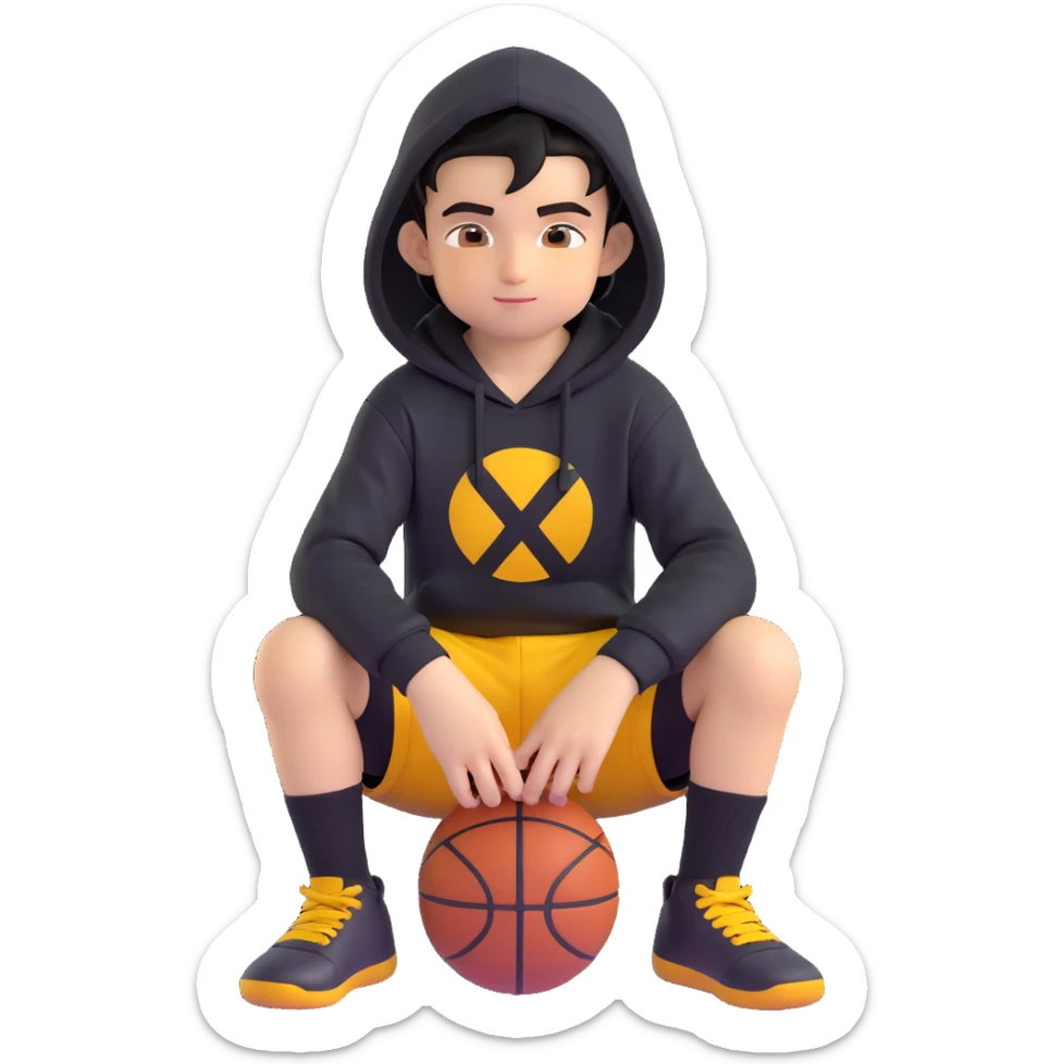 boy kid in a ring sitting pose, black hoodie with hood off, smirk, black crew socks, black messy hair, black basketball shorts, yellow skin sticker