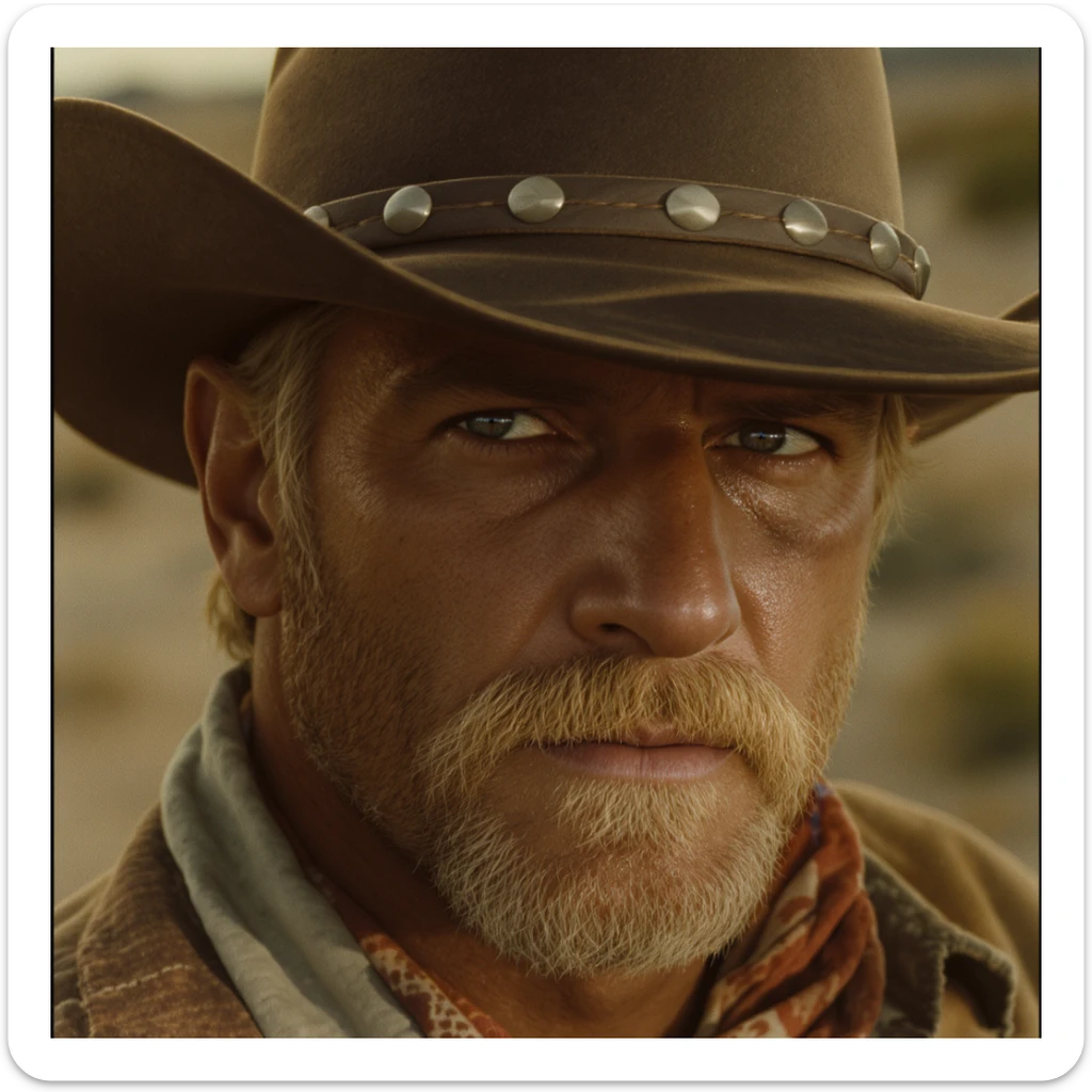 Cinematic , documentary photography, top angle medium shot, cowboy look eye brave, hard light golden hour, desert arizona, shot on arri alexa, 80s movie sticker