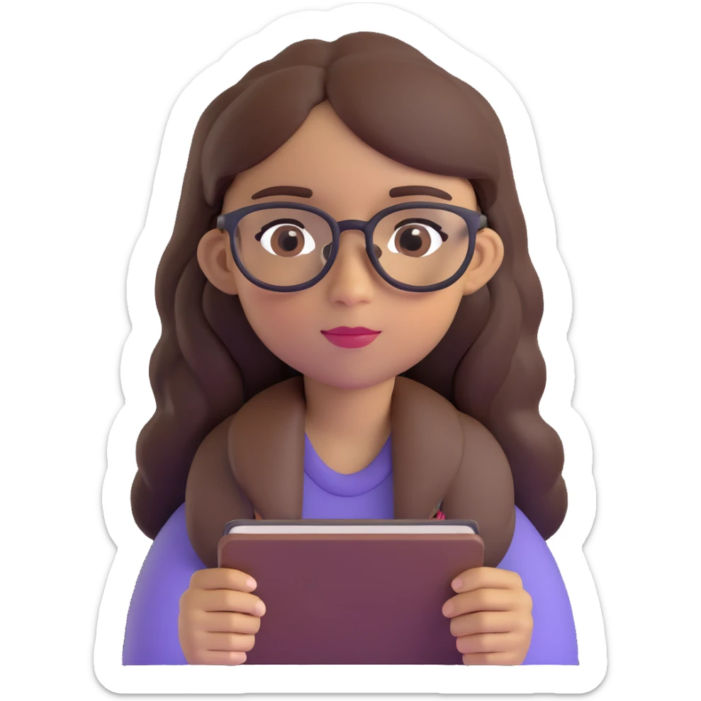 light skin brown girl with long dark brown hair and dark brown eyes, wearing glasses sticker