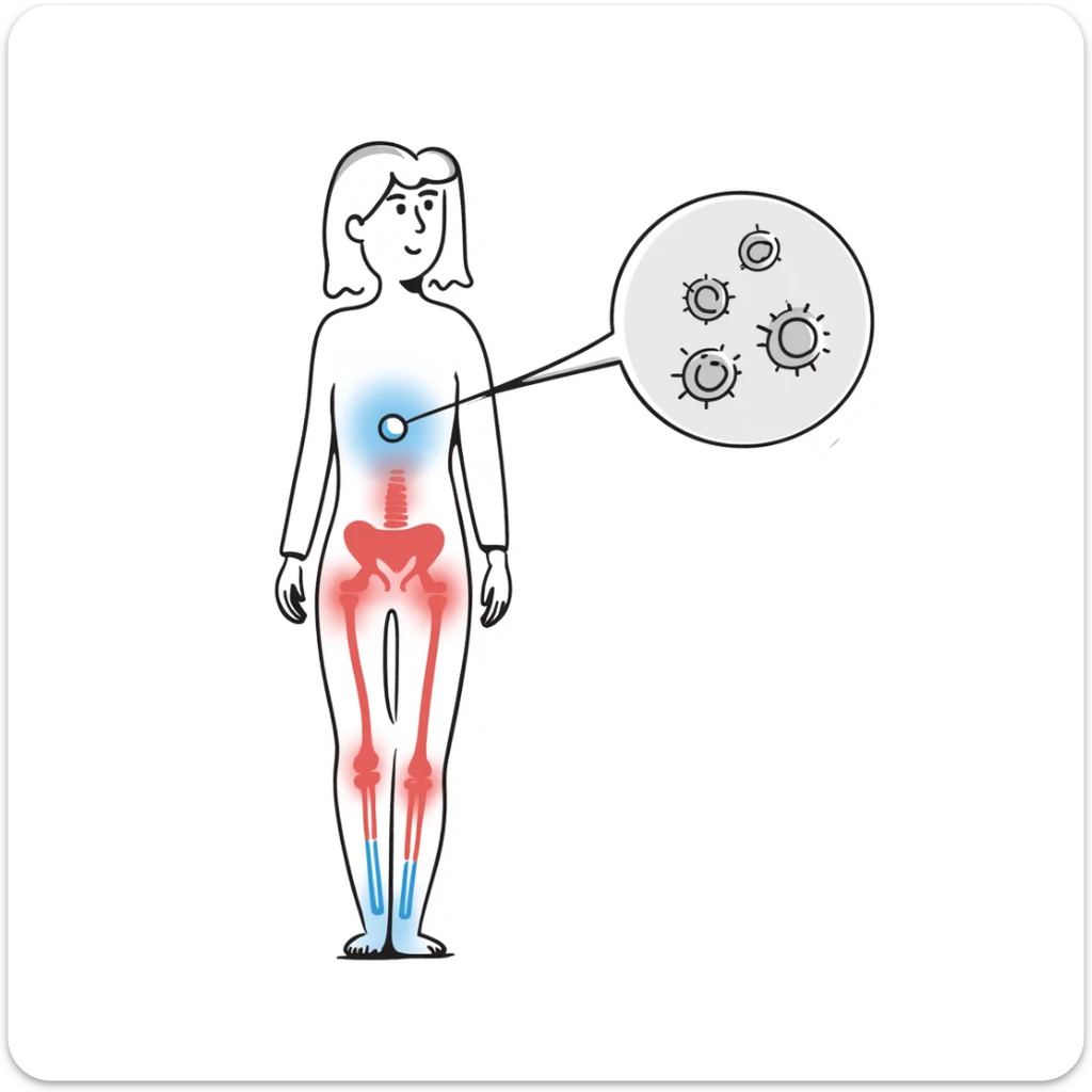 Medical illustration of anti-inflammatory process: transparent human body with highlighted joints, cool blue healing energy neutralizing red inflammation areas, small circular inset showing immune cells becoming calm, clean clinical style with soft futuristic background sticker