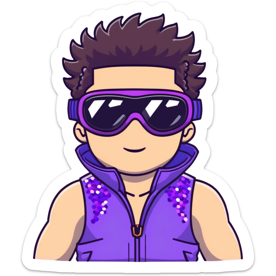 close-up of bad guy male athlete with white skin and moderately curly dark brown hair on top with shaved sides, wearing ski goggles with purple frames and very dark black lenses, a simple plain black chain necklace, and a completely unzipped sleeveless vest with purple and black sequin fire pattern design with no logo, with an extremely arrogant expression sticking his tongue out mockingly, looking menacing and villainous sticker