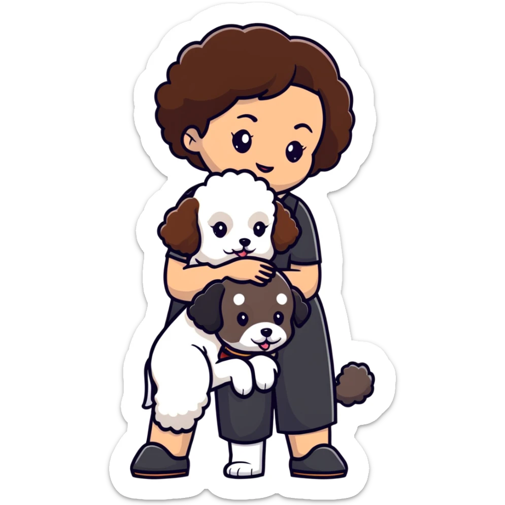 woman with short black hair hugging a brown poodle and a white bichon frise sticker