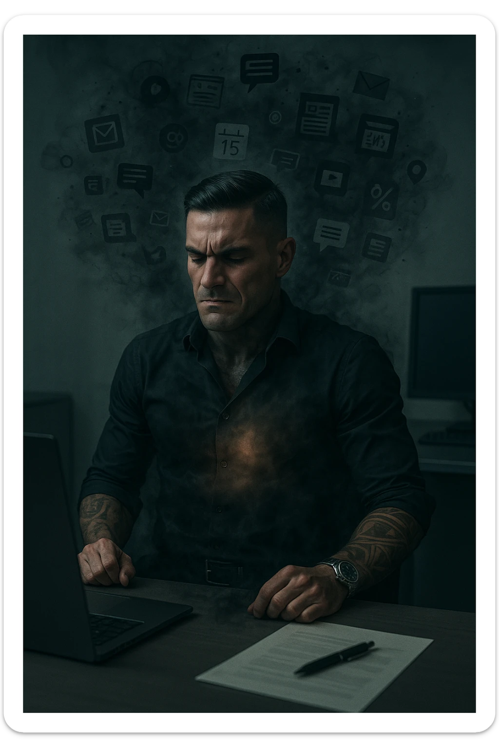 A highly realistic, cinematic image of a young man in his early 30s, sitting at a modern office desk under harsh artificial lighting, shoulders hunched, jaw clenched, and breathing shallowly, symbolizing how modern society forces people to live in a state of chronic tension and restricted breathing. Around him, faint black and grey visual elements represent notifications, deadlines, social media icons, and news alerts, swirling around his head like a chaotic storm, symbolizing societal pressure. His chest appears visually tight and compressed, and faint dark smoke emanates from his body, representing blocked breath and internalized stress. In contrast, a faint glowing light near his chest and abdomen tries to expand, symbolizing the innate desire of the body to breathe freely and deeply. The environment is cold and minimalistic, with a sense of stillness and tension, captured in a hyperrealistic 35mm film style with muted colors, focusing on the man's tense posture and restricted breathing to reflect the unseen burden of modern living. sticker