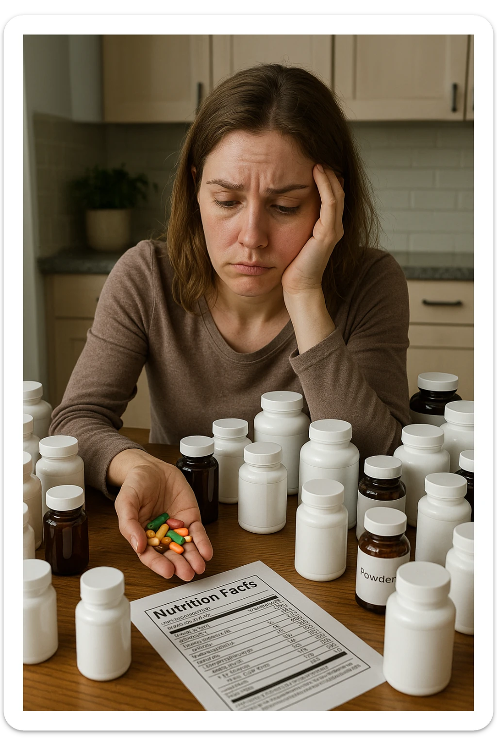 a woman in her 30s sits at her kitchen table, surrounded by dozens of supplement bottles, powders, and pills. She looks anxious and fatigued, with her head resting in one hand while the other holds a handful of colorful capsules. On the table, a nutrition chart is ignored, and her skin appears slightly dull or stressed. The mood is cautionary and educational. in italiano sticker