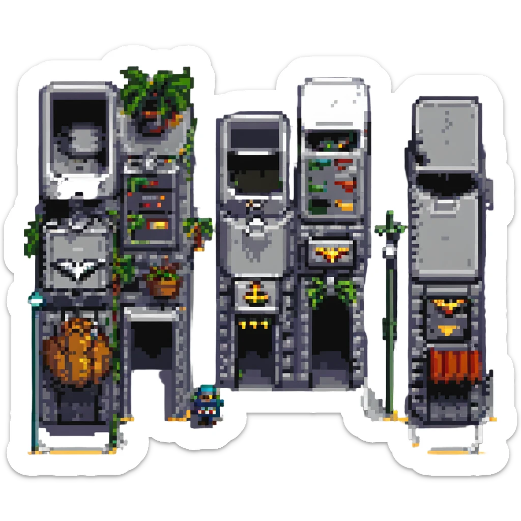 Wide pixel art background of a dark Gotham City street. Empty road with sidewalk, flickering lamppost casting light, trash bins nearby, distant shadowy silhouettes. Tall buildings in the background, moody atmosphere, subtle rain or fog. sticker