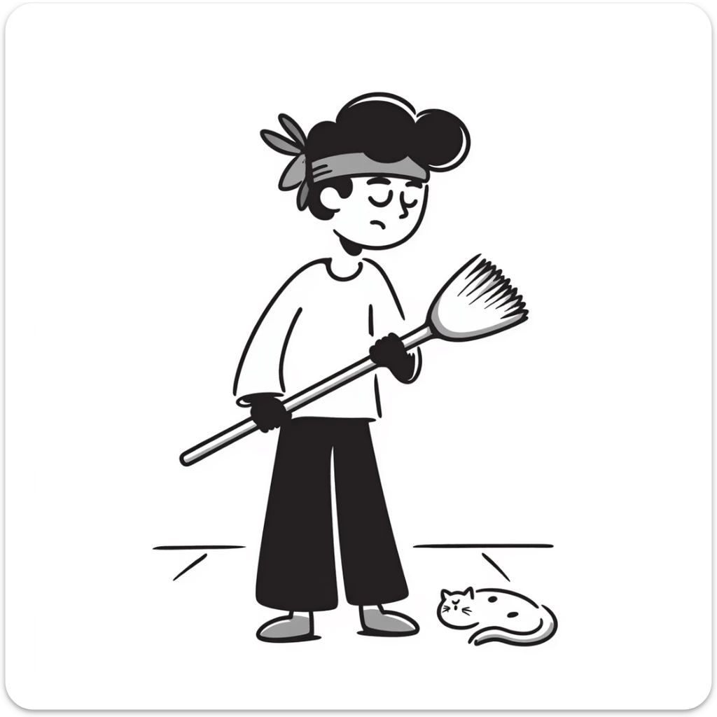 Levi Ackerman cleaning with bandana over hair, gloves, holding broom, annoyed expression sticker